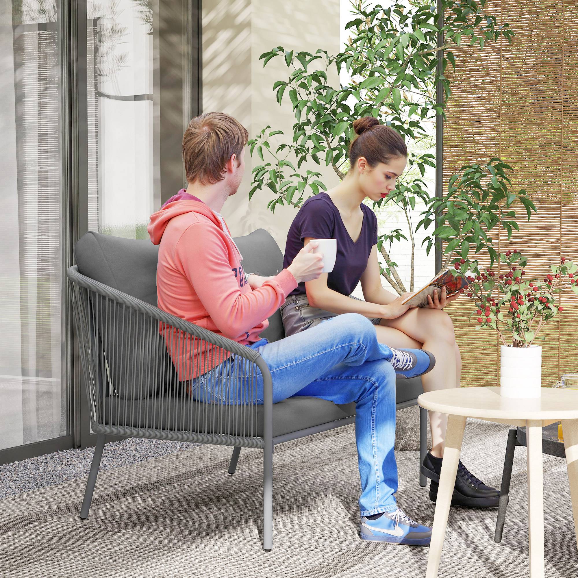 Havesofa med hynder 2-personers rattansofa loungesofa udendørs balkonsofa rattansofa havelounge polyrattan havemøbler balkonmøbler 112 x 72 x 76 cm grå