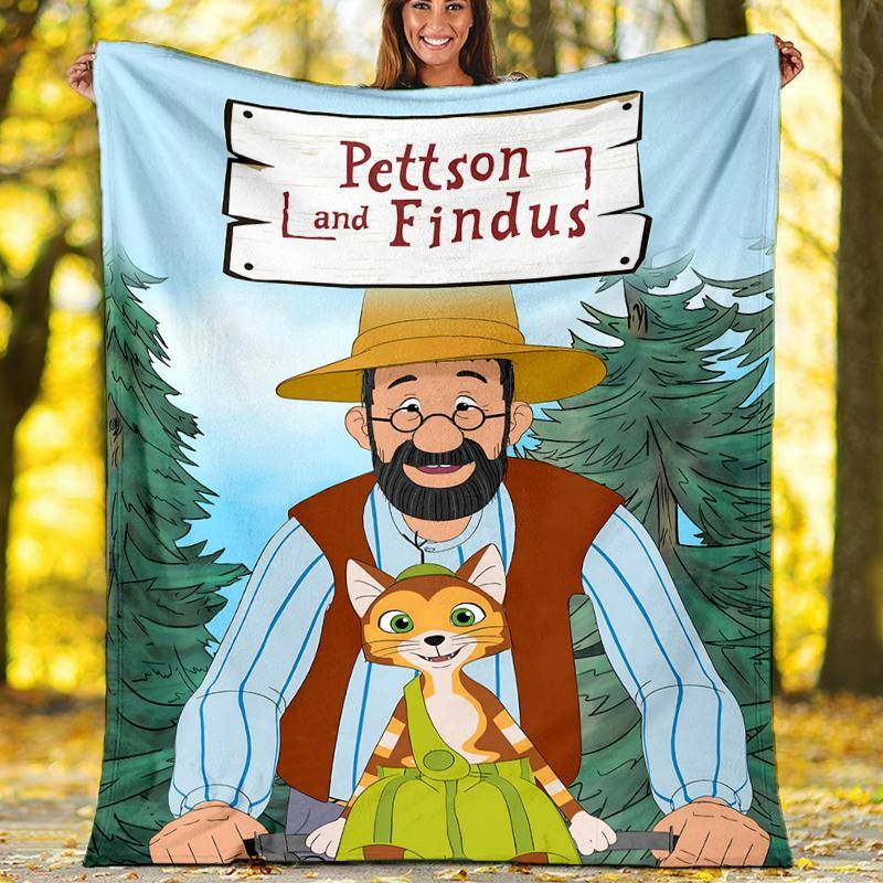 Pettson Findus Temamönstrad Filt Perfekt för Soffa Säng Resa Utomhusbruk Maskintvättbar Mysig Hållbar