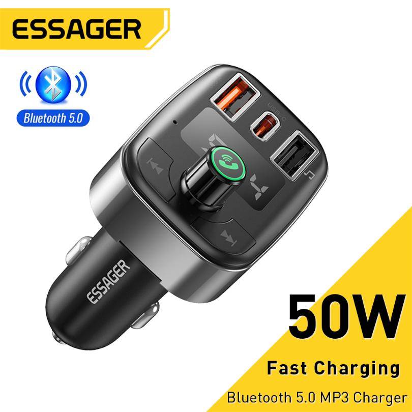Essager 50W USB Car Charger For Phone FM Transmitter Bluetooth 5.0 Hands Free Car Kit MP3 Player Fast Charge Car Phone Charger svart