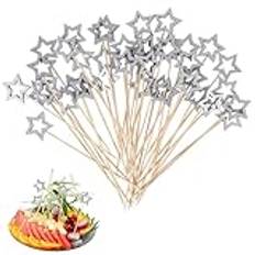 TIESOME 50 stycken cocktailspett, stjärncocktailspett, 14 cm tandpetare trä, fingermatspett, cocktaildekoration, fruktspett för fest, snacks, fingermat (silver)