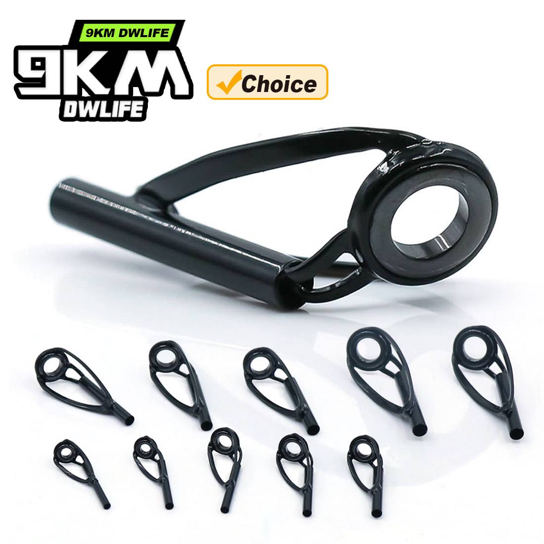 9KM Fishing Rod Guide Tip10pcs Black Top Tip Replacement for Surf Spinning Casting Stainless Steel Ceramic Ring Building Repair