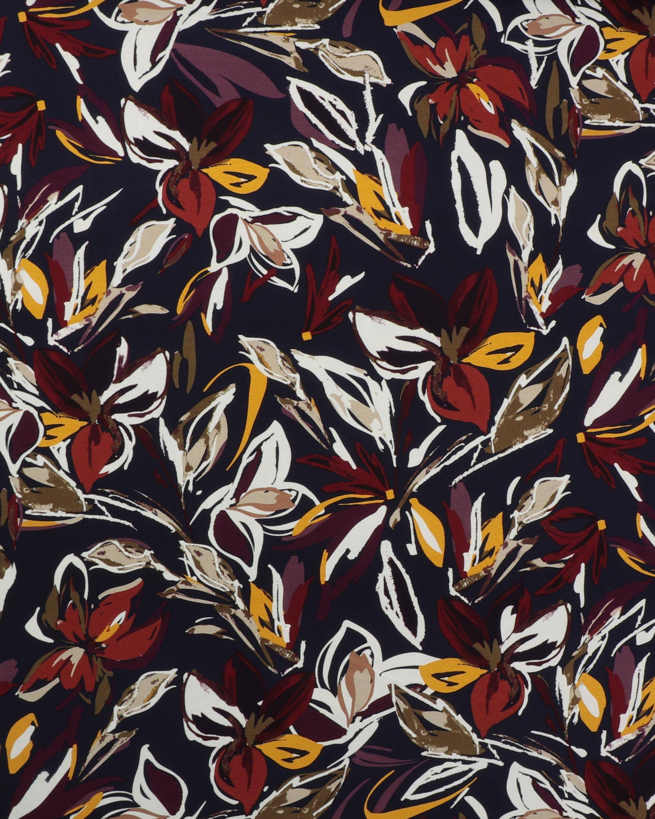 Mørkeblå bund med blomster - Viskose jersey - 95% Viskose, 5% Elastan