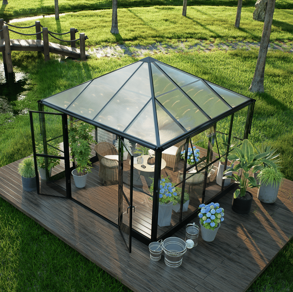 Gazebo 8,1m² | Kvadratiskt premiumväxthus 4 mm säkerhetsglas 5 års stormgaranti - Växthus Grön,Transparent,Svart Glas