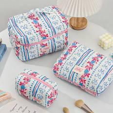 1 Set Of Blue Floral Quilted Makeup Bag With A Heart-Shaped Bow Pattern. Travel Makeup Bag, Multifunctional, Handheld Makeup Bag, Portable Toiletries - Blue - L,M,S,S+M+L,L+M,XS
