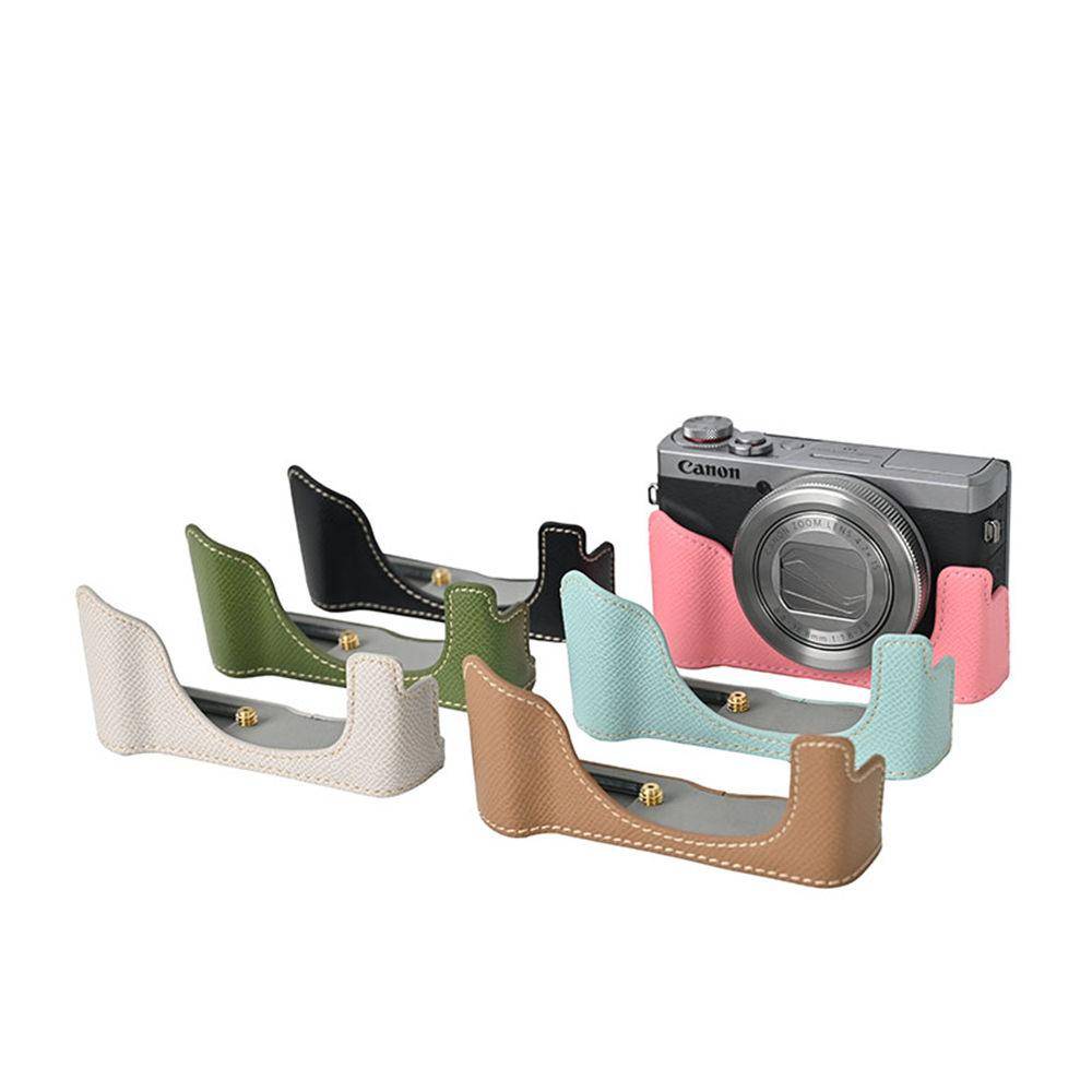Kamera Halvfodral i PU-läder med palmtryck För Canon G7X II Mark II III G7X2 G7X3 Bottenöppningsskydd med halsrem black
