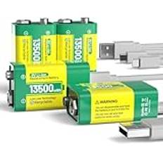 9 V uppladdningsbart batteri, 1 3 500 mWh 9 V hög kapacitet litiumbatterier, med USB-C-snabbladdningskabel perfekt för rökdetektorer, mikrofon, larm, leksaker, ficklampor, medicinsk utrustning etc (4