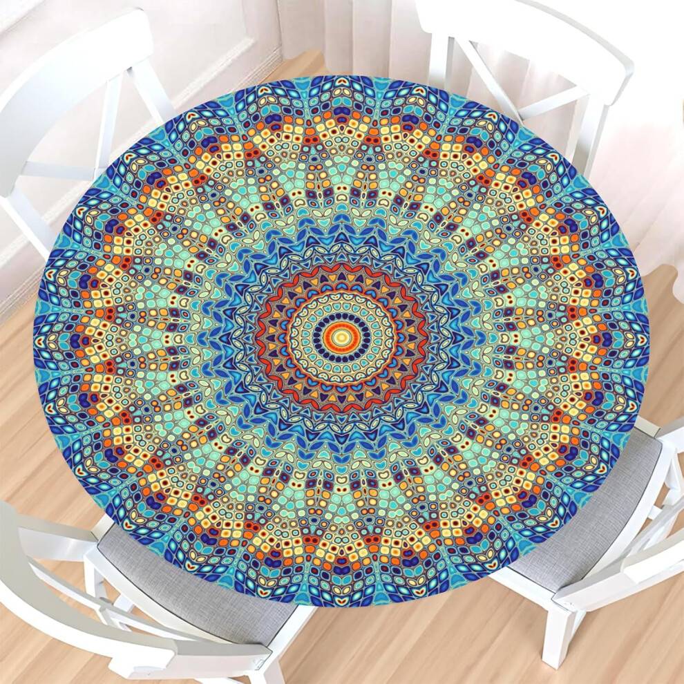 Boho rund duk med elastisk kant, vatten- och fläckbeständig för 122-142 cm bord – återanvändbart mandala-bordsöverdrag för utomhusbruk,