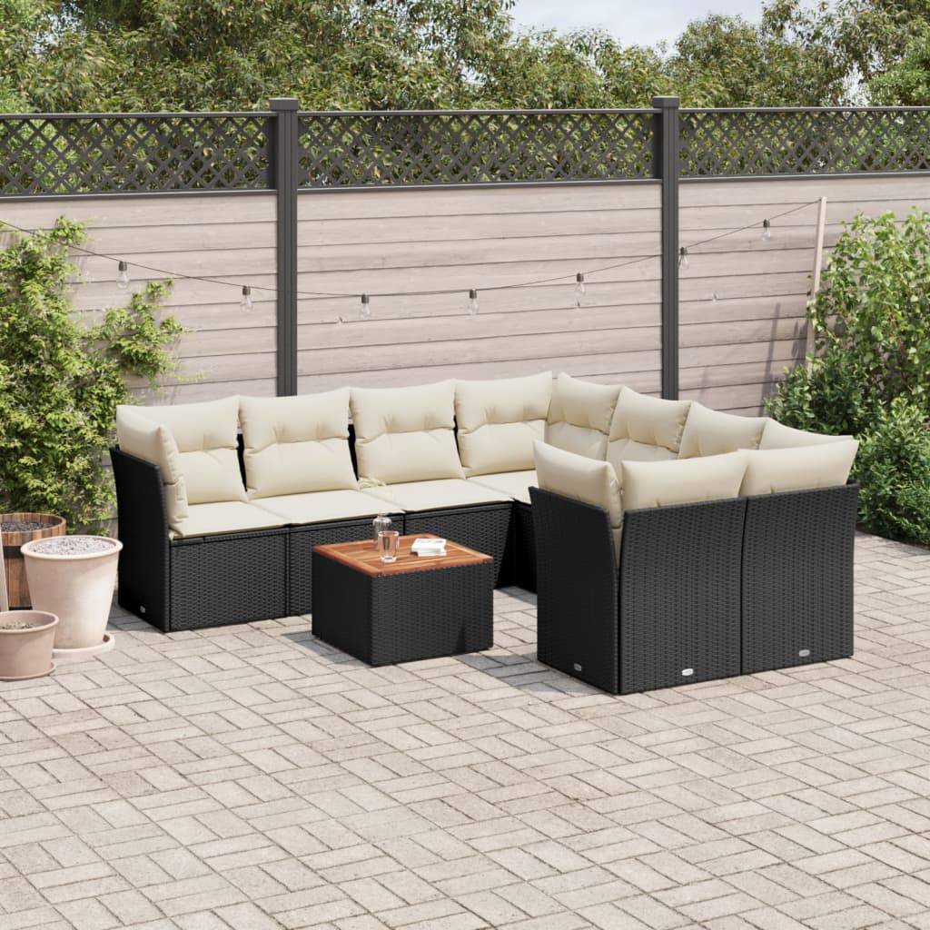 Sofasæt Til Haven 9 Dele Med Hynder Polyrattan - Sort og cremefarvet / 4x midterdel 4x hjørnedel bord