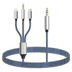 3-i-1 Aux-kabel bil, [Mfi-certifierad] USB C, 3,5 mm och Lightnning till 3,5 mm Aux-kabel, Aux till Lightnning-kabel, kompatibel med Samsung, iPad (inte för samtal)