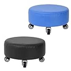 Set of 2 Low Stools with Wheels Comfortable Rolling Seats for Home Bedroom Cute Round Small Chairs with Extra Thick Cushion Yellow+Orange (Blue+black Small)