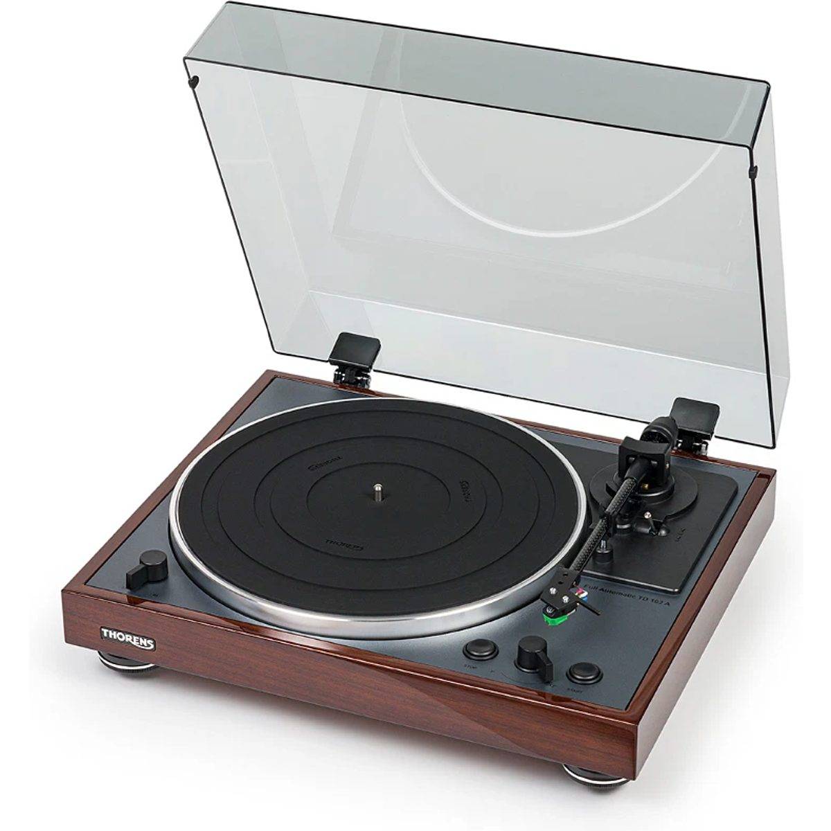 Thorens TD 102 A valnöt blank - Vinylspelare, Automatisk, Inbyggd förförstärkare, MM, Remdrift, 33 varv, 45 varv, Pickup ingår