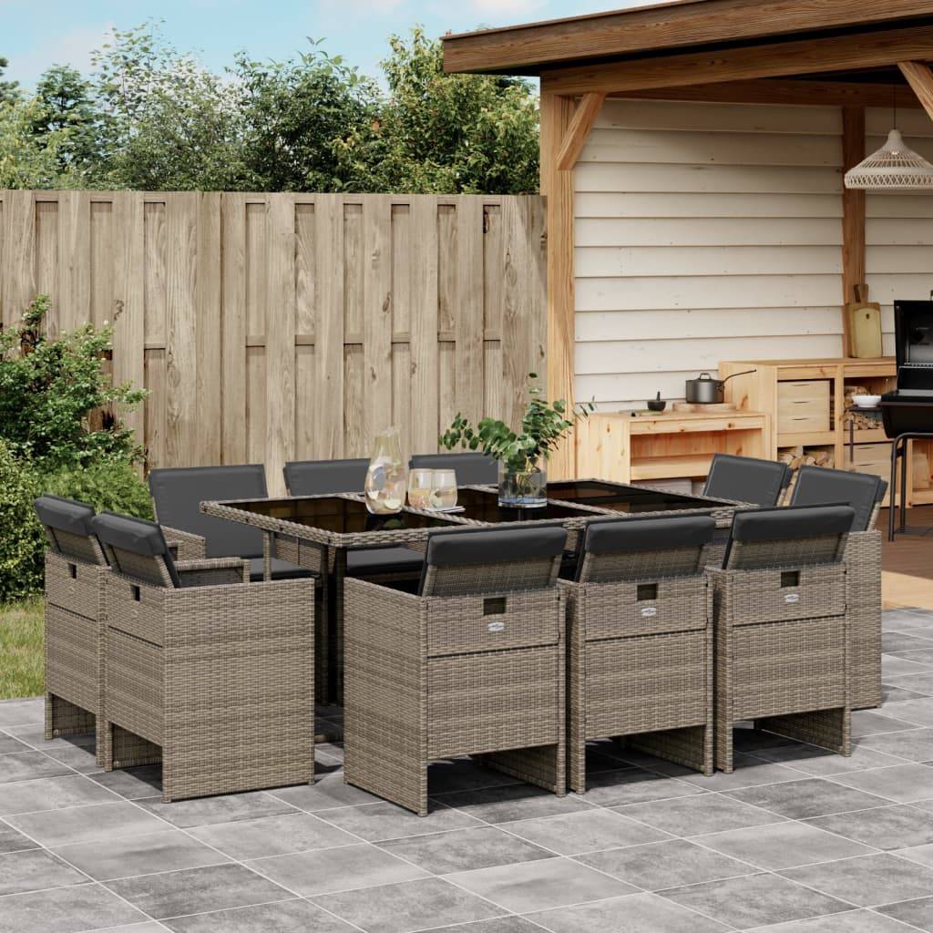 Spisebordssæt Til Haven 13 Dele Med Hynder Polyrattan Beige - 10 / Grå / Glas