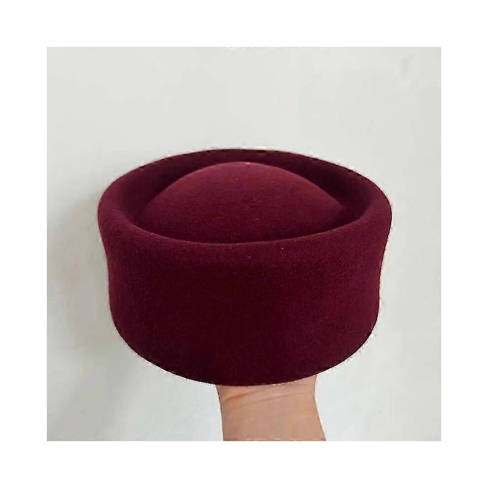 (M 54-58cm, Concave burgundy) Retro Flight Attendant Ball Hat Women's 100% Wool Felt Beret Party Charming Hat Wedding Cocktail Party Medicine Box Hat