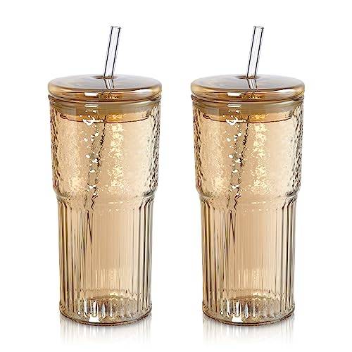 Joeyan Dricksglas på 650 ml, bärnstensfärgat, med sugrör och lock, set om 2 ribbade kaffekoppar, iskaffeglas, longdrinkglas, för smoothie, kaffe, kallbryggt te och mjölk, diskmaskinssäkert