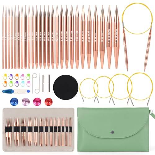 Aeelike rundstickor set utbytbar med fodral och tillbehör, 13 par utbytbara rundstickor set (3–10 mm), kabel (40/60/80/100 cm), metall runda sticknålar set för nybörjare, grön
