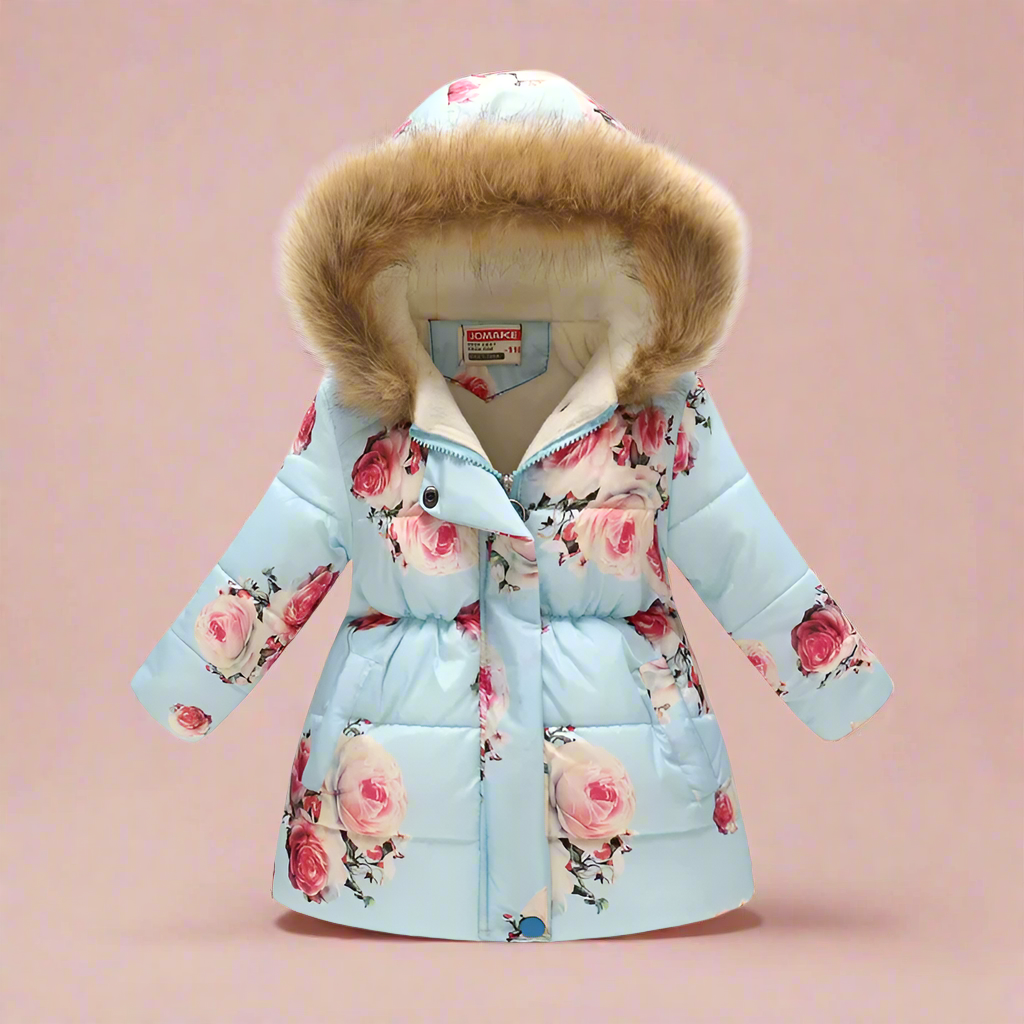 CozyTrend – Elegant & mysig – Vadderad vinterjacka för flickor Ljusblå blommig / 110 (4-5 år) | Pedagogiska Träleksaker - Blå (size)