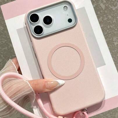 Mobilskal i affärsstil med konstlädertextur, stöd för powerbank – mobilskal och tillbehör med justerbar rem – passar Apple 17Air/17 Pro Max/Apple 16/1 - Rosa (Multi-size)