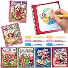 Roselee 6 stycken vattenmålarbok magisk vattenmålarbok med 6 penslar, vattenmålarbok, återanvändbar, Magic Water Colouring Book, målarbok för barn, flickor, 2 till 7 år, gåva