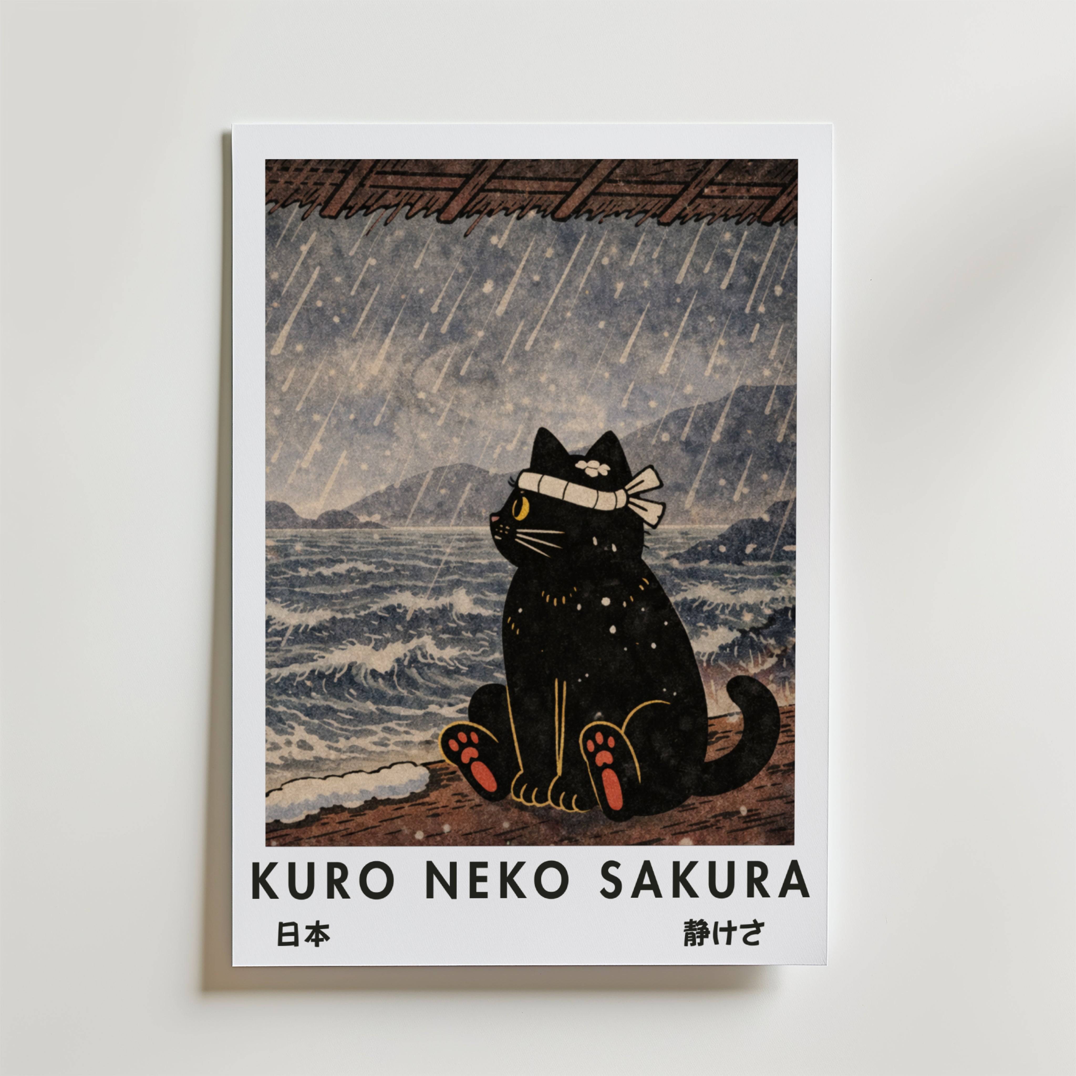 Kuro Neko Rain Cat Poster - Fine Art Poster 40x50 cm