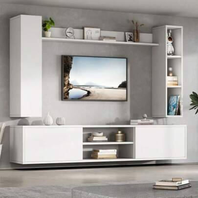 180*35*33,5cm TV Wohnwand-set mit Vitrinen (Komplett-Set, 4-St),Mediawand inkl.TV-Board, Standregal und 2 Wandregal,TV Wohnzimmermöbel-Set,TV-Schrank, - Vitt