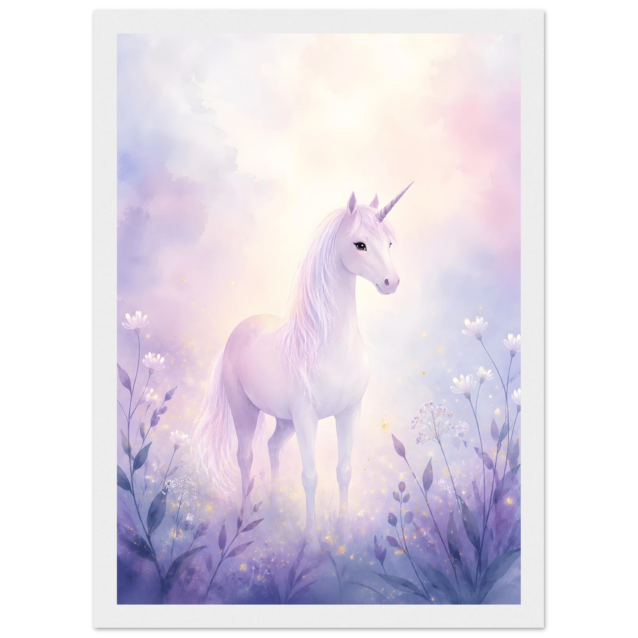 Enhörning i drömvärld poster-21x29.7 cm / 8x12" / Med ram / Vit