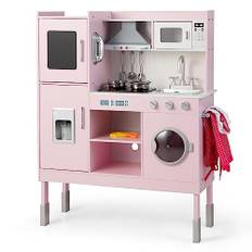 COSTWAY Barnkök med 16 lektillbehör, lekkök trä inkl. köksfläkt och ismaskin, telefon och tvättmaskin och mikrovågsugn, leksakskök för barn från 2 år, rosa (83 x 29 x 103 cm)