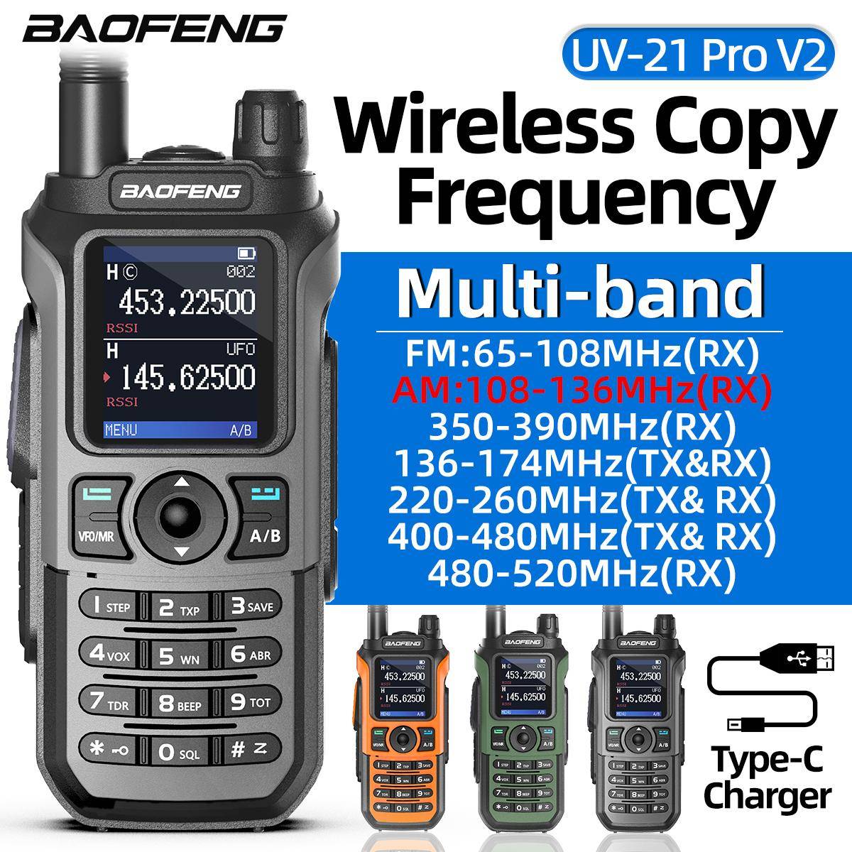 Baofeng UV-21 Pro Walkie Talkie V2 Flerbands Trådlös Frekvenskopiering Vattentät Långräckvidd Typ-C Tvåvägsradio För Camping