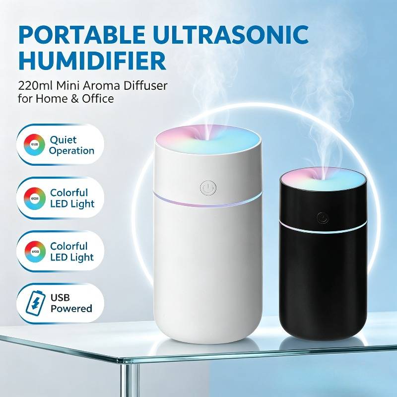 Portable Ultrasonic Humidifier 220ml USB Powered Quiet Mist Humidifier Colorful LED Light Mini Air Diffuser for Car Office Bedroom Travel