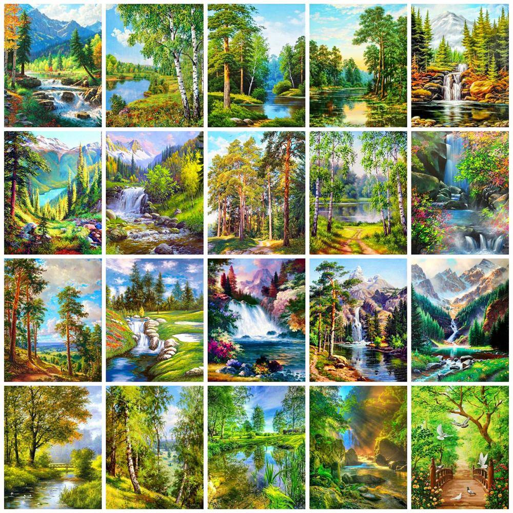 Diamond Painting Samling Träd Grön Broderi Korsstygn Flod Vattenfall Landskap Heminredning