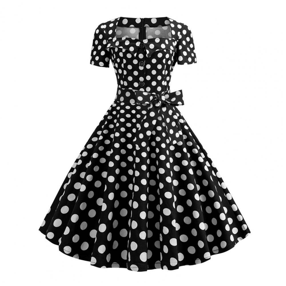Damklänning Fyrkantig Hals Kort Ärm Retro 1950-tal A-linje Stor Fåll Knappdekor Prickigt Tryck Färgmatchning Mellanhög Midja Bältad Rosettdekor L svart vit färg