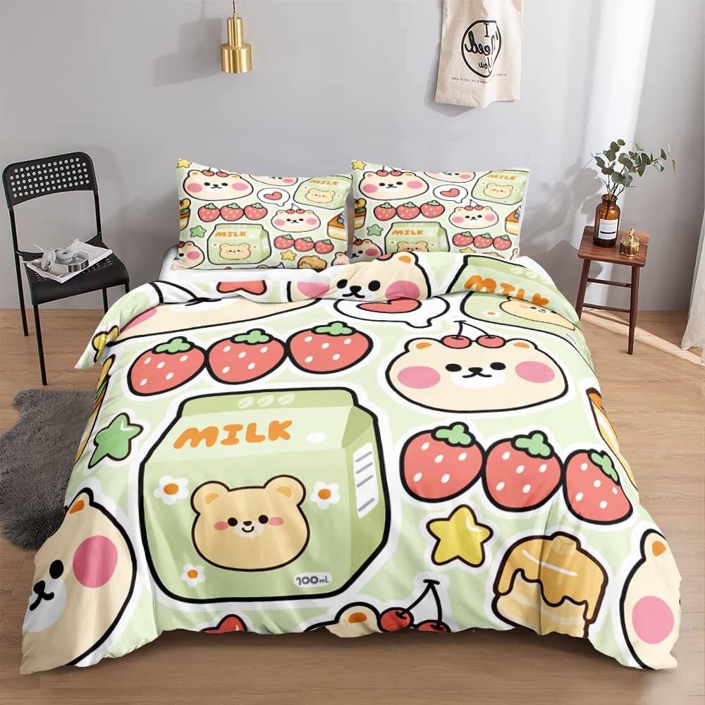 Sweet Strawberry Bedding Collection Duvet Cover For Kids Children Teens Comforter Cover Bed Room Decor Pink Quilt Cover 3Pieces Full Size EU single(135x200cm)
