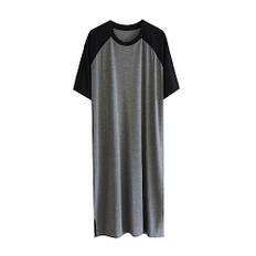 Nattskjorta herr bomull Raglan nattkläder Kortärmad pyjamas klänning med rund hals sömnskjorta Splicing Nattlinne (Color : Black Dark Grey, Size : L)
