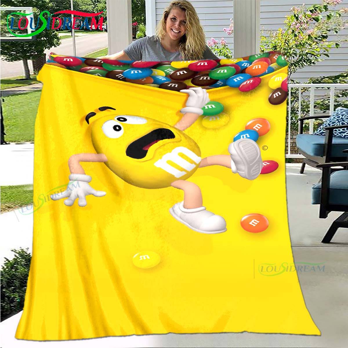 Mode M&M Choklad Logotyp Mönster Filt Stjärna Flanell Tunn Filt Bärbar Hem Resa Kontor Lunchpaus Filt Gåva