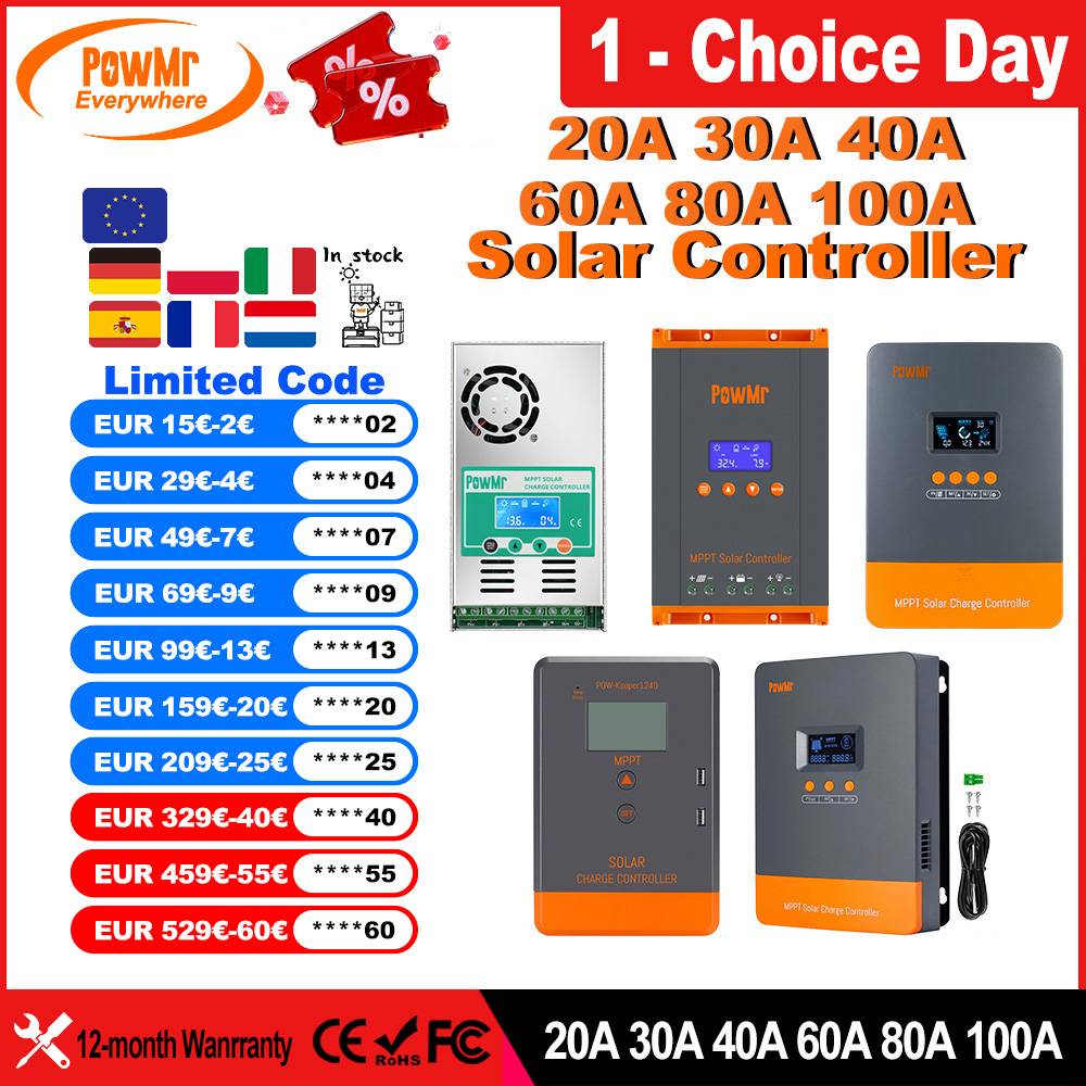 PowMr MPPT 100A 80A 60A 40A 30A 30A 20A Solar Charger Controller LCD Work With 12V 24V 36V 48V Lead-acid Lifepo4 Battery Solar Panel