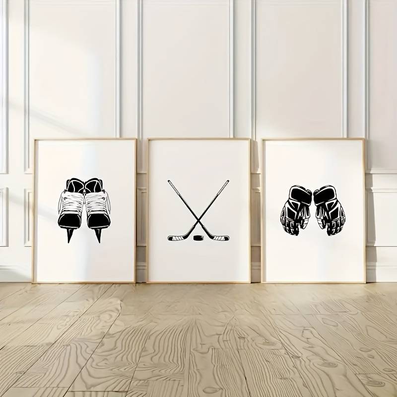 TEMU Set Of 3 Frameless Canvas Posters, Modern Art Print Gloves, Skating Shoes, Hockey Stick, Wall Art For Bedroom, Living Room, Kitchen, Hallway, Decor Gift