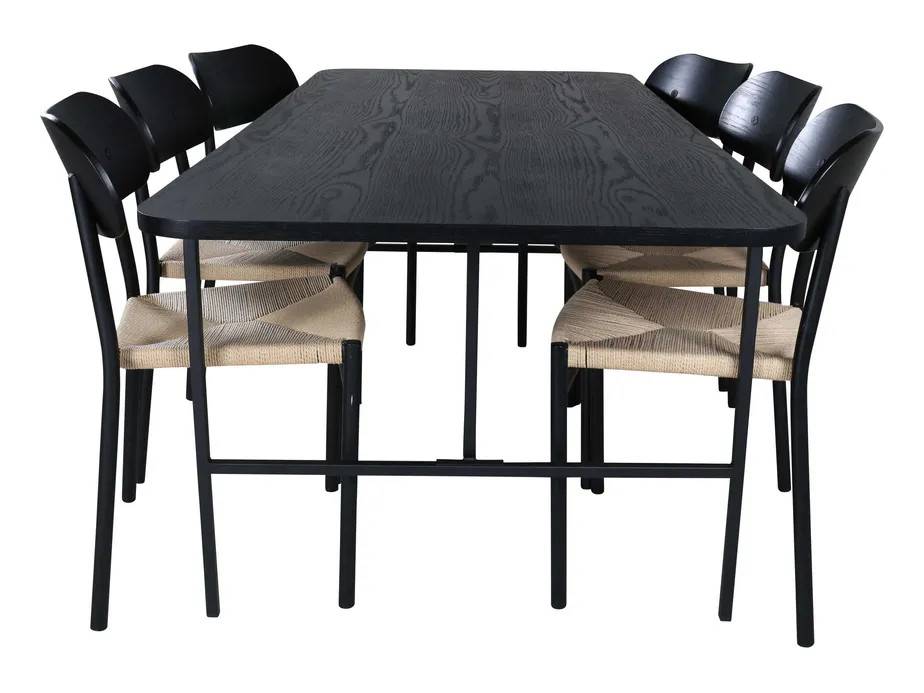 Venture Design Uno & Polly matgrupp Svart/svart 6 stolar & bord 200 x 90 cm
