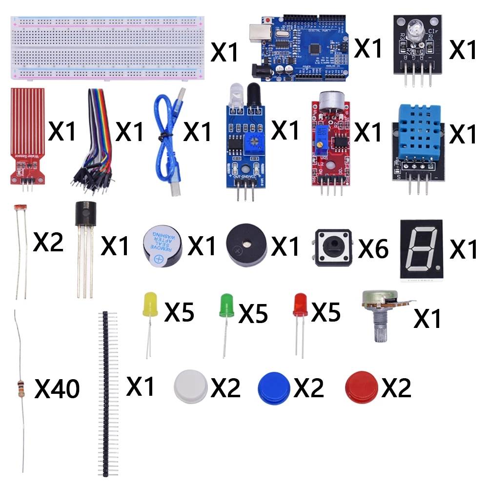 Starter Kit for Arduino Uno R3 Breadboard Basic simple learning kit, sound/water level/humidity/distance detection, LED control