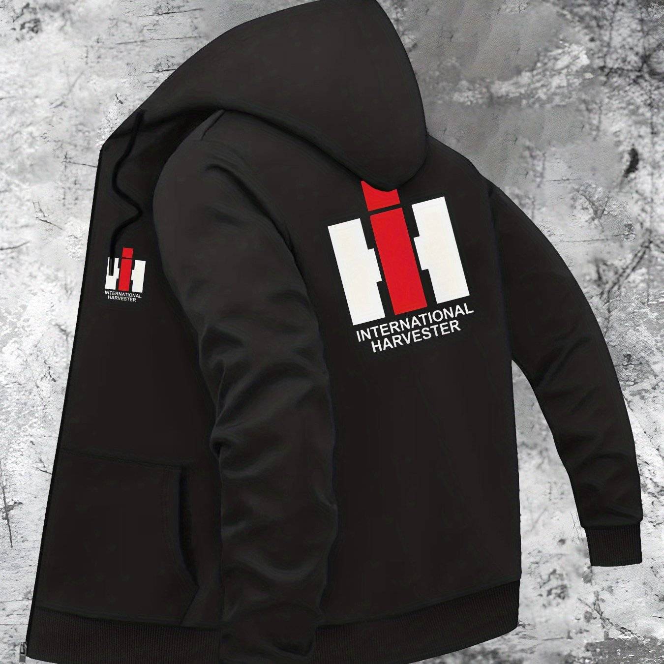 Harvesters Print Men's Hooded Jacket - Zip-up Casual Outerwear With Pockets, Machine Washable For Autumn And Winter, Stylish Design, High-quality Stitching, Street Style