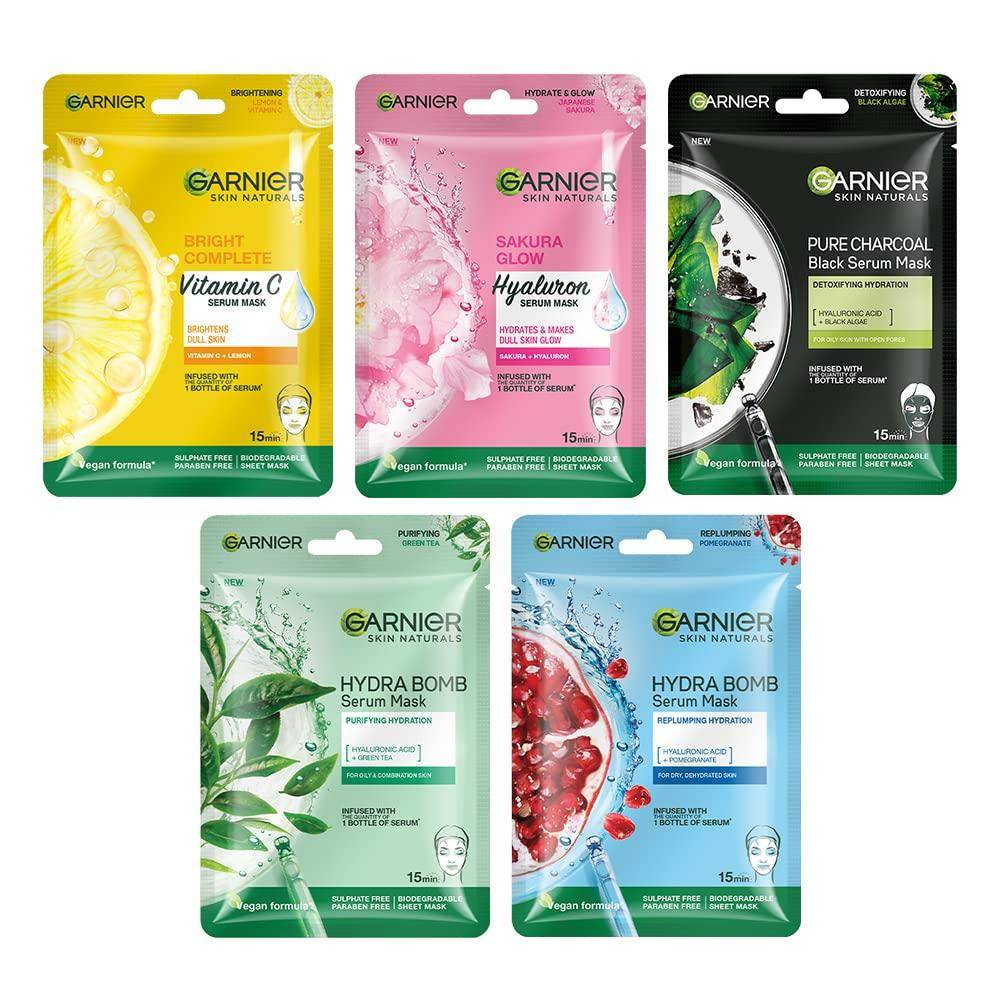 Garnier Skin Naturals, Ansiktsmasker Set, Återfuktande, Porsammandragande, Uppljusande, Förbättrar Hudens Glöd, Hydra Bomb Serummask & Svart Serummask