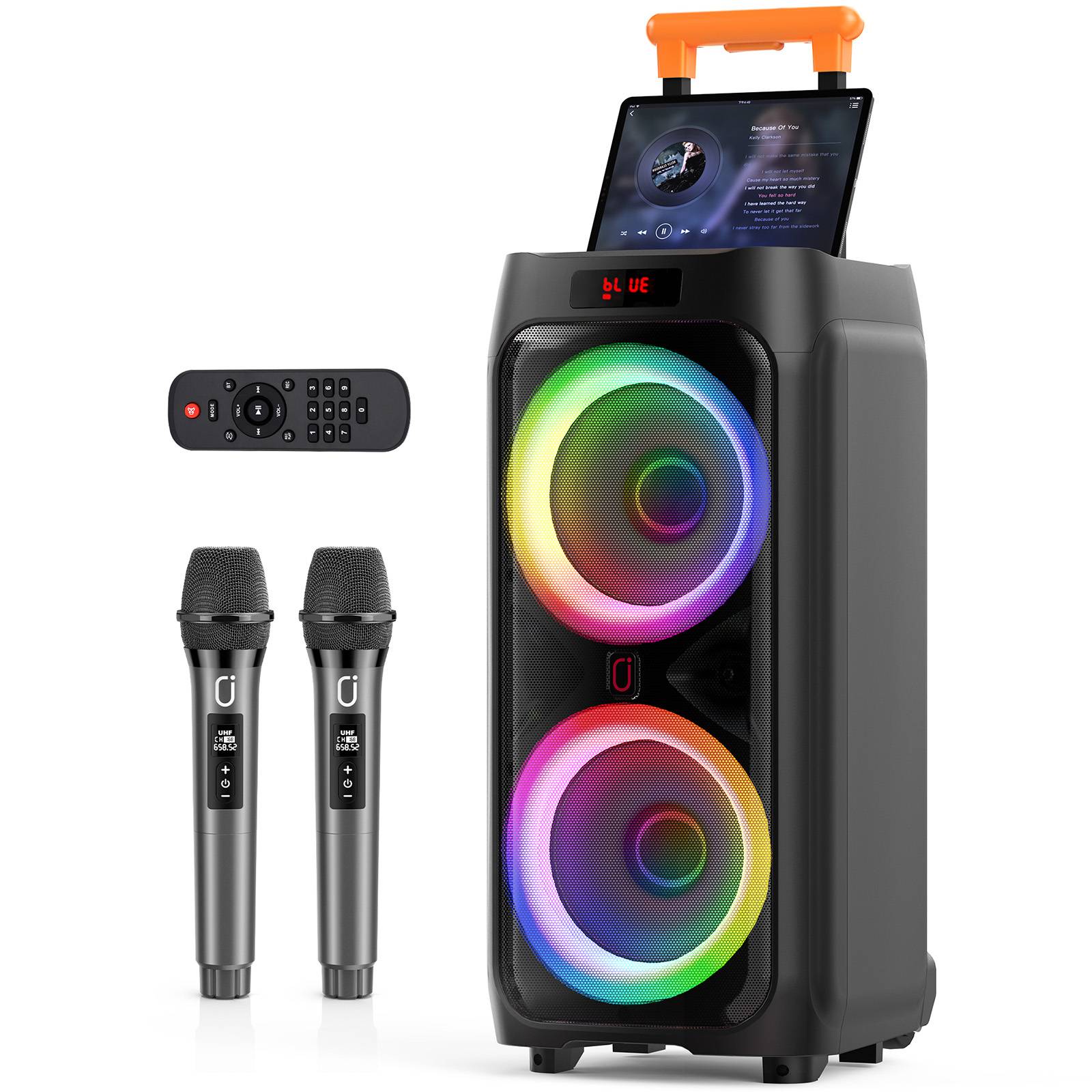 T9 Karaoke Machine with 2 Wireless Microphones, 24" Big Portable Bluetooth Speaker for Adults with Rolling Wheels