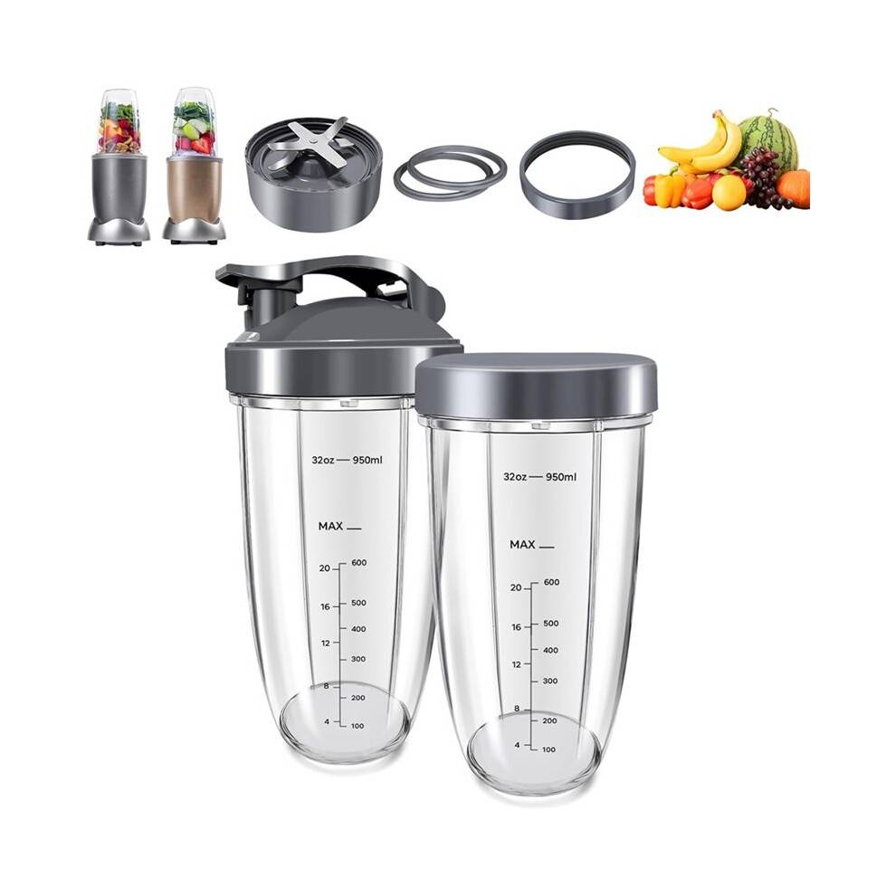 8 Pieces Blender Cups & Blade Replacement Set , 2 PCS 32oz Cups & Premium Extractor Blades