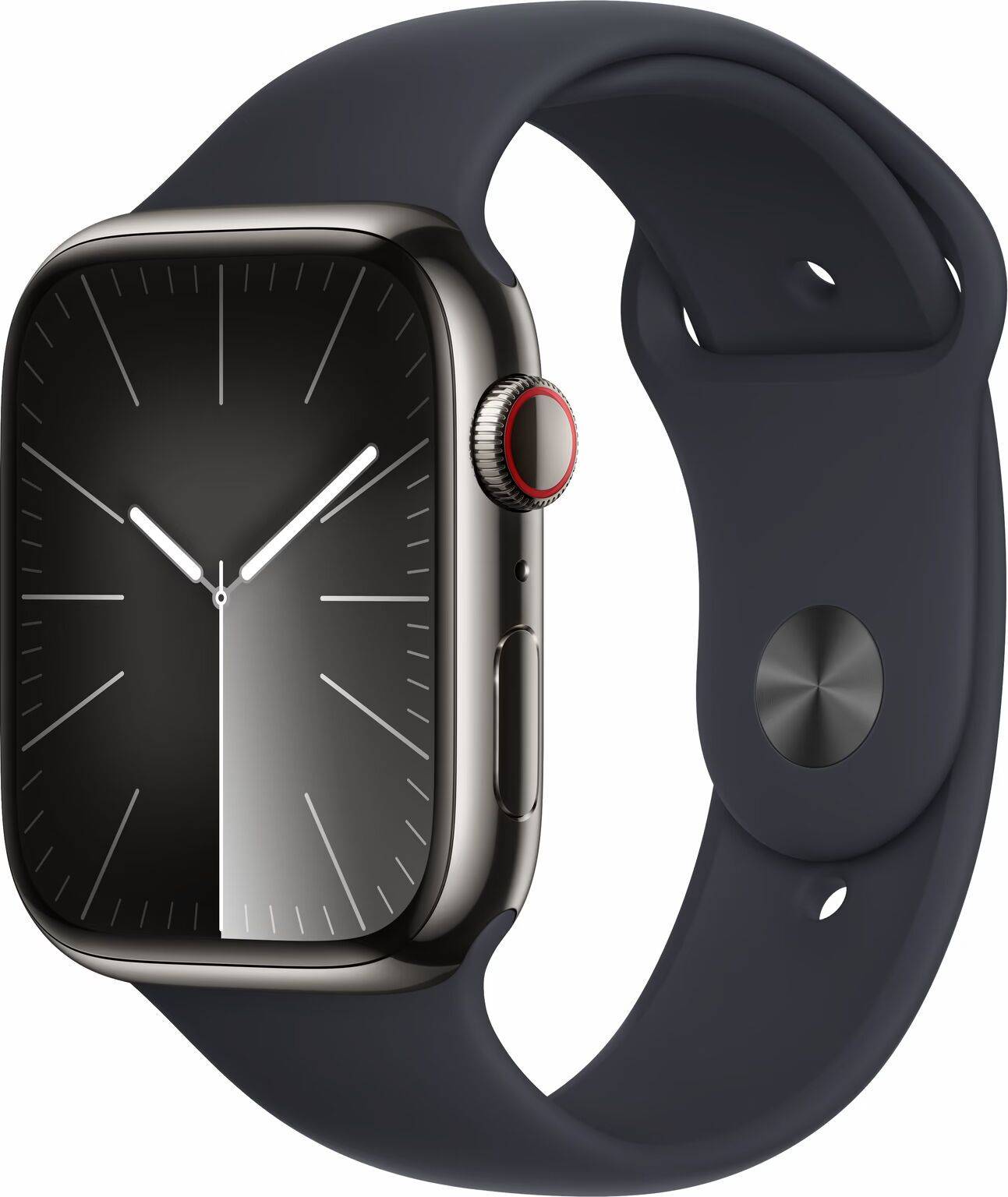 Apple Watch Series 9 Rostfritt stål 45 mm (2023) | GPS + Cellular | Grafit | Sportarmband Midnatt M/L