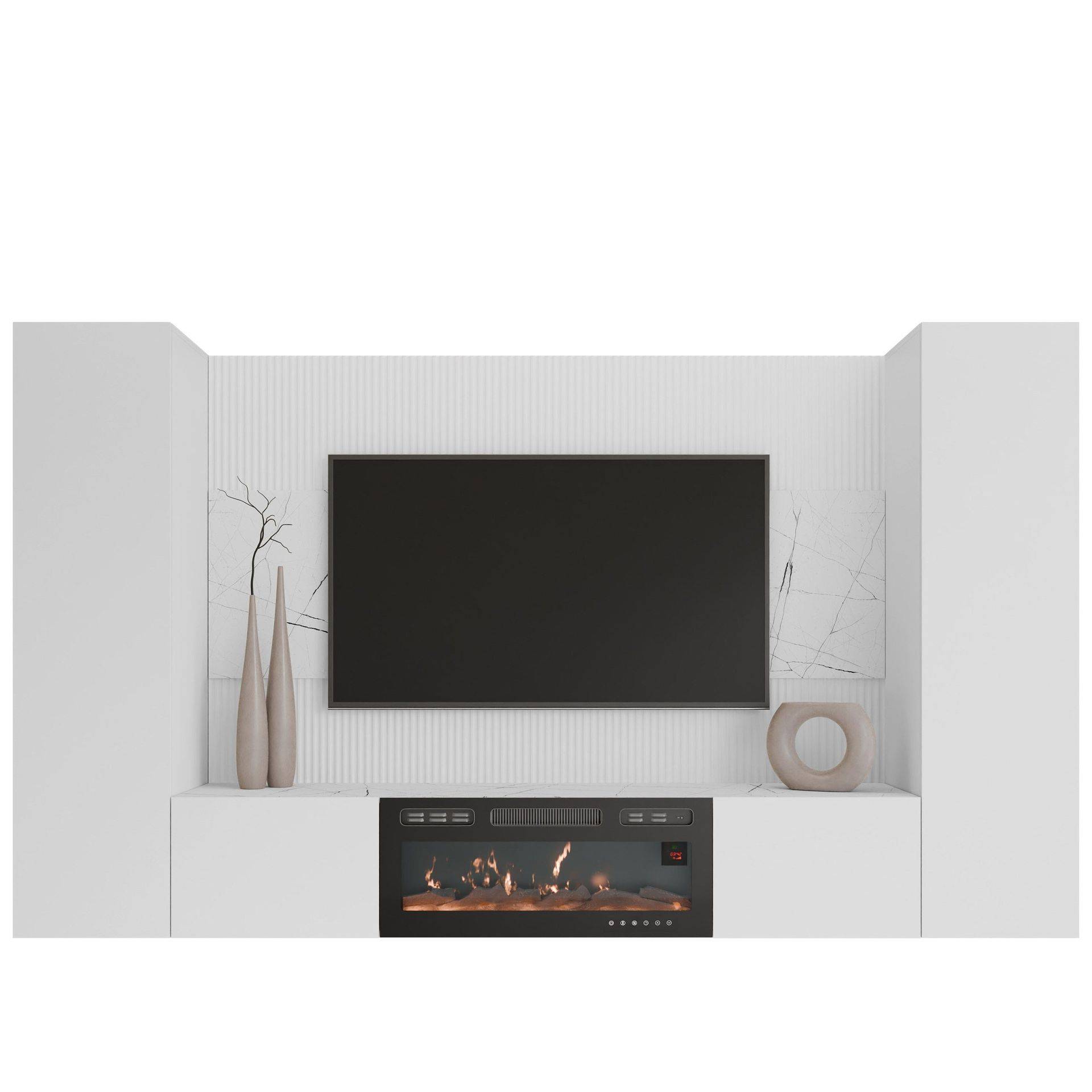 Bernice Tv-väggskåp 260 cm Elkamin med Värmefunktion och LED-belysning - vit TV-skåp Vit