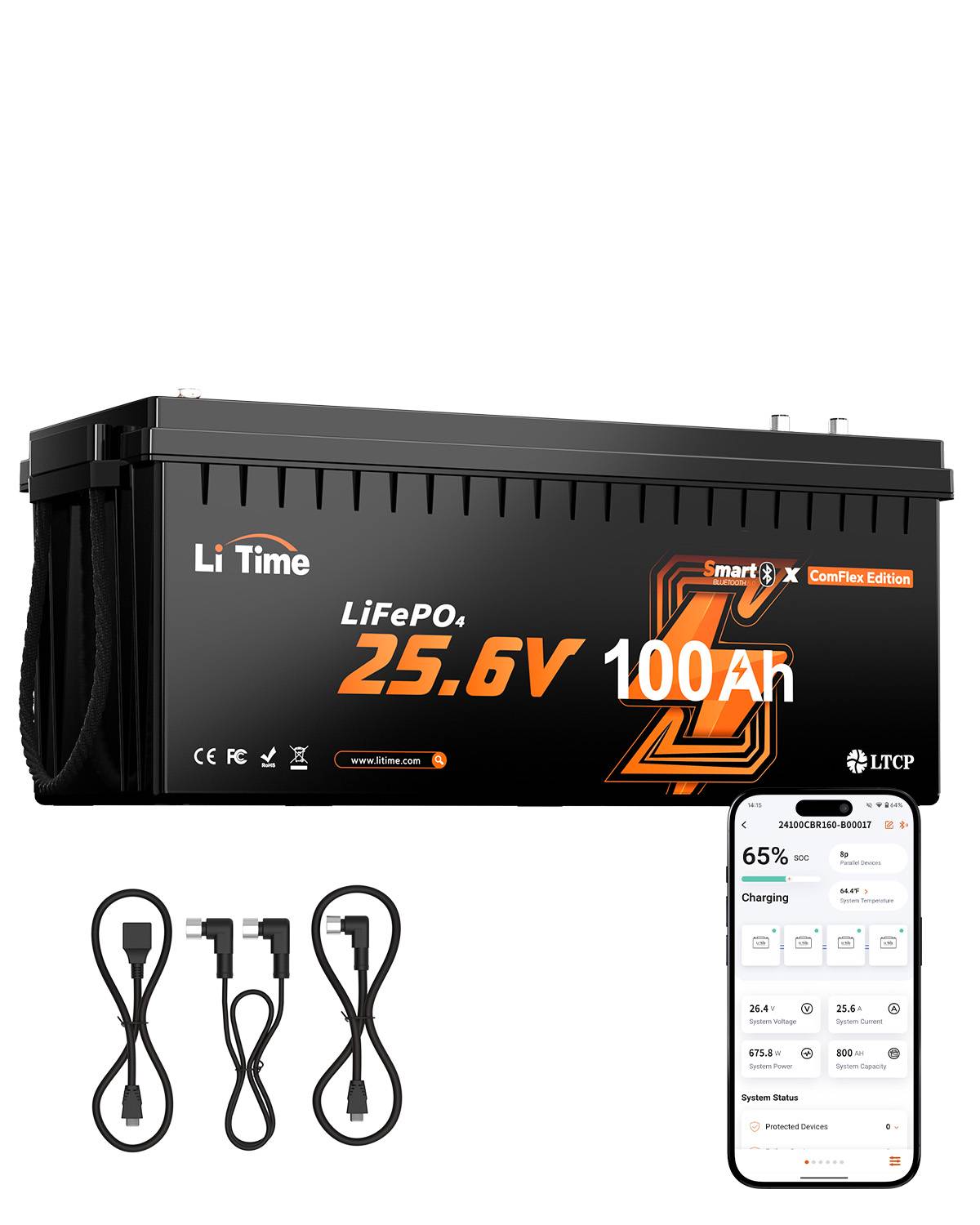 LiTime 24V 100Ah LiFePO4 Lithium Battery | Bluetooth CAN/RS485 | Victron Compatible, 100A BMS, Low-Temperature Protection, 4,000–15,000 Cycles, Battery for RVs, Boats & Off-Grid Systems