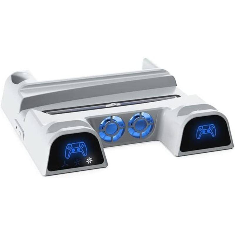 Multifunktionell laddstation för PS5-kontroller med LED, Kylbas, Dubbel laddningsstation för PS5 med hörlursställ TP5-1511 vit