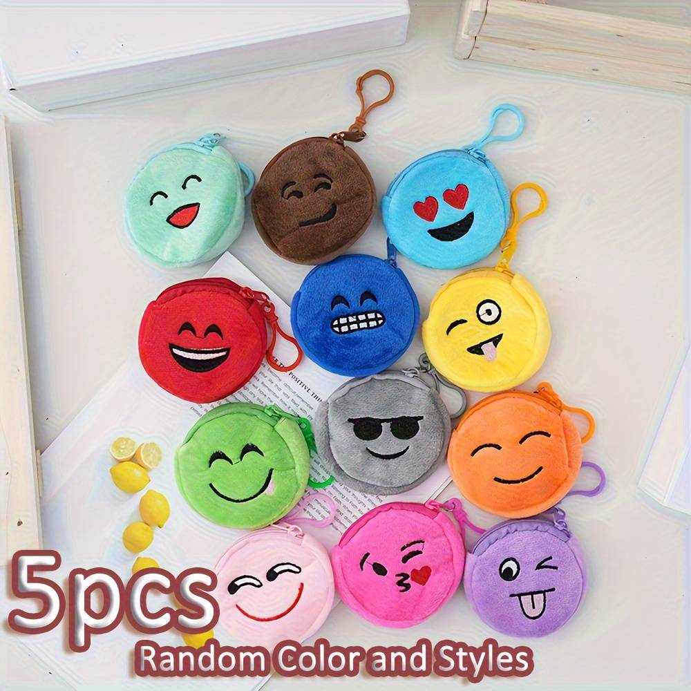 5pcs Random Color Cute Face Plush Coin Purses - 12- Zippered Small Pouches, Portable Keychain Wallets For Women And Men, Hand Wash Only