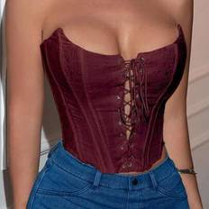 Y2K asymmetrisk struktur urbenad blommig broderi Genomföring Öljett knyt fram Överbyst Rygglös korsett Shapewear Crop Tube Top - Bourgogne - L,M,S,XL,XS