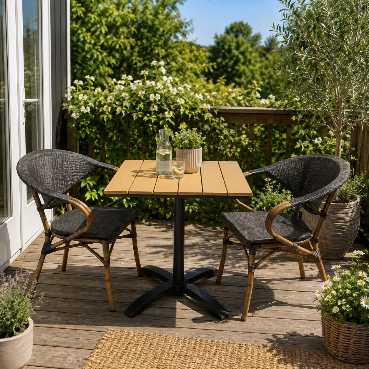 Cafesæt med to stole og bord i "teak look". str. 70x70 cm..