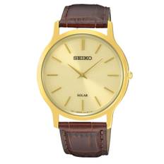 Seiko Solar Brown Leather Strap Gold Dial Men&apos;s Watch SUP870P1