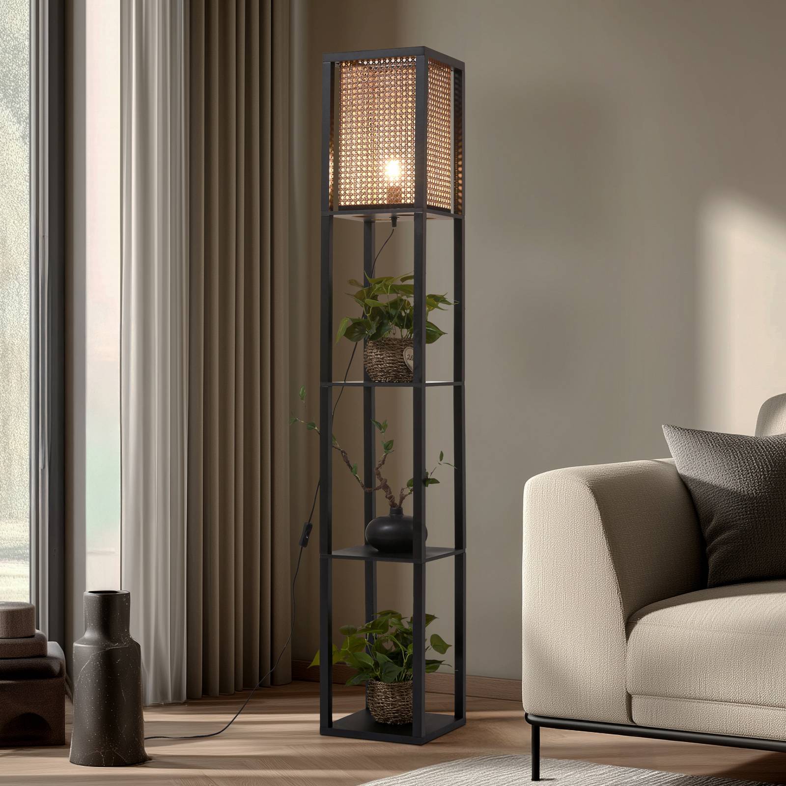 Golvlampa Birta Lindby, Svart, Vardagsrum / matsal, Trä, Modern, Golvlampa